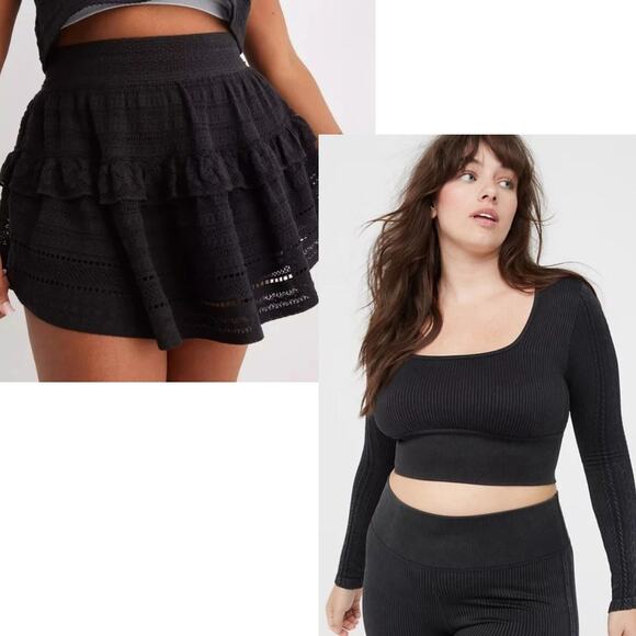 NWT Aerie Seamless Cable Square Neck Tee Shirt & Ruffle Mini Skirt Bundle Size L - Picture 1 of 10